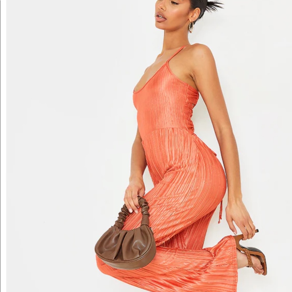PrettyLittleThing Orange Plisse Lace Up Back Jumpsuit